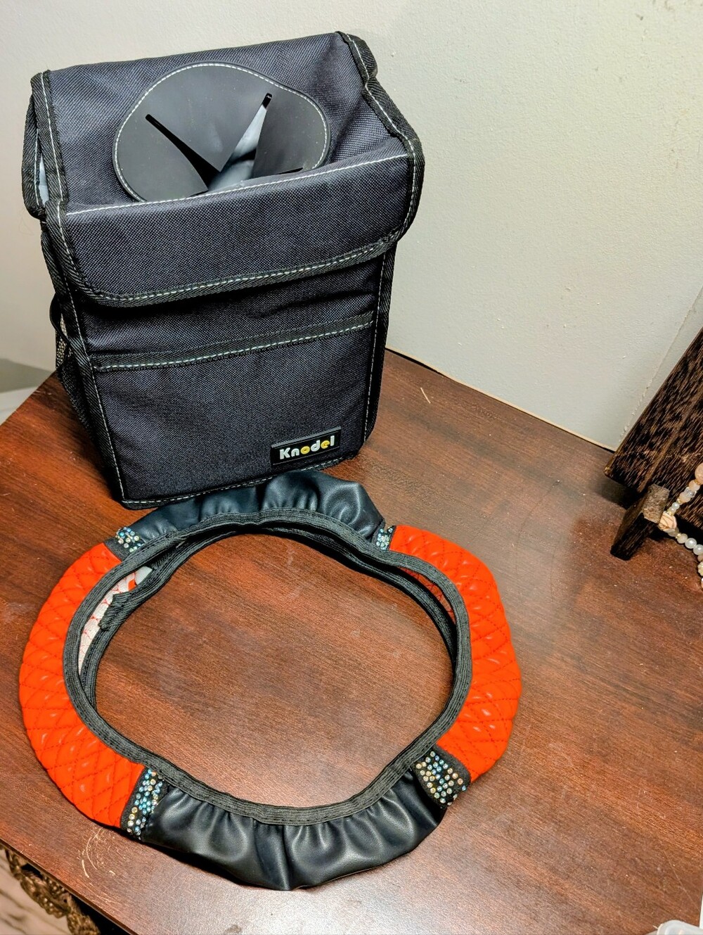 Quilted Red & Black Steering Wheel Cover & Waterproof Car Trash Can